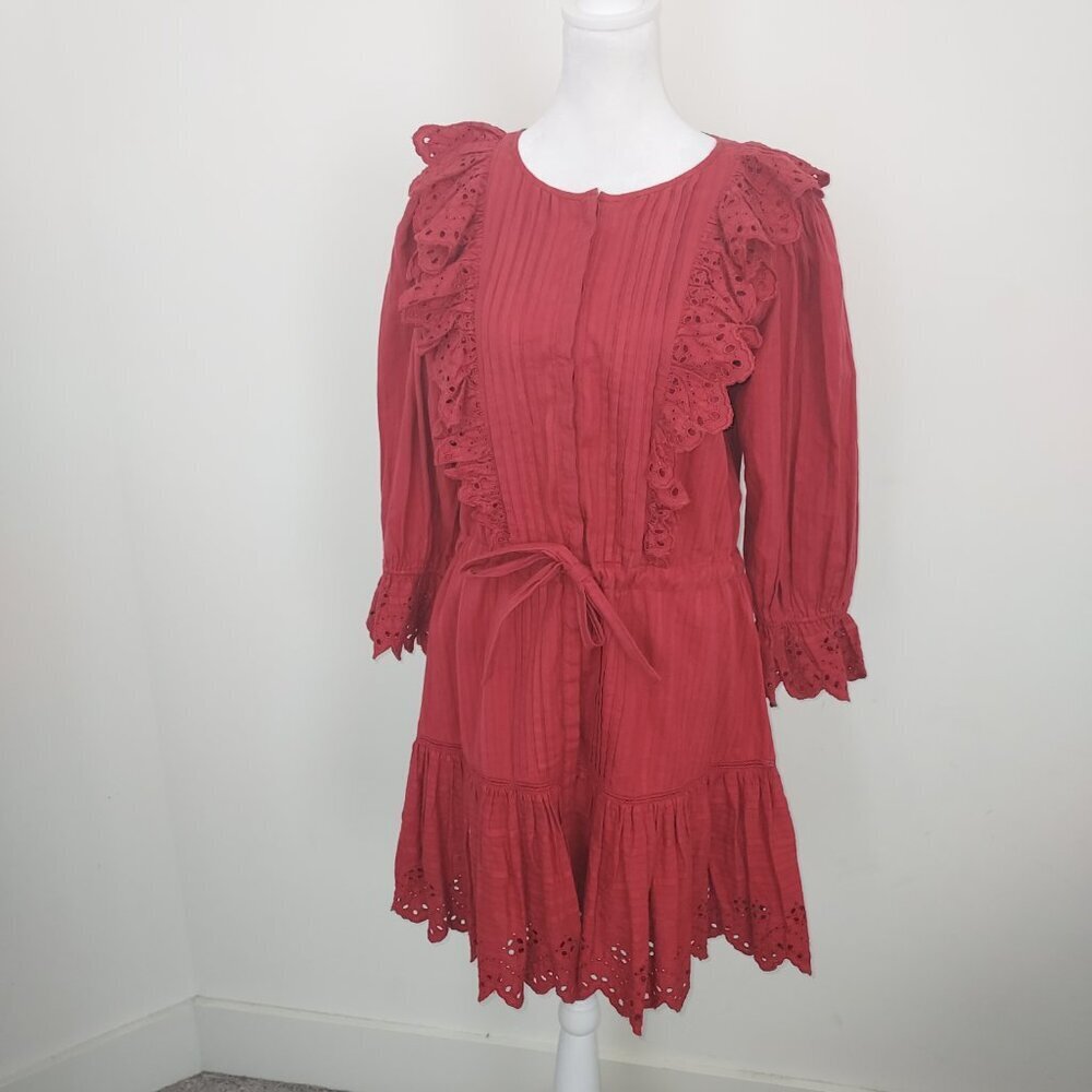 Rebecca Taylor La Vie Satin Stripe Dobby Ruffle Eyelet Red Mini Dress Size Sm - Picture 2 of 14